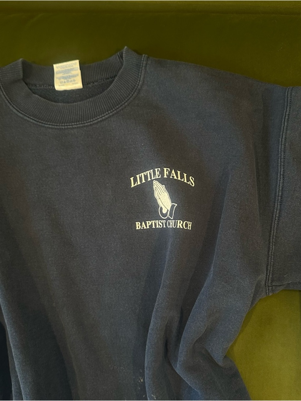 Vintage 90s Navy Crewneck Sweatshirt with Little Falls Baptist Church Logo - Picture 6 of 14
